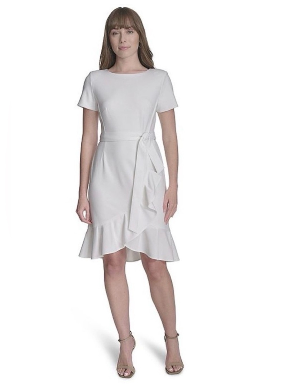 NWOT ANDREW MARC Creamy White Ruffle-Hem Belted Dress SZ 14 $99